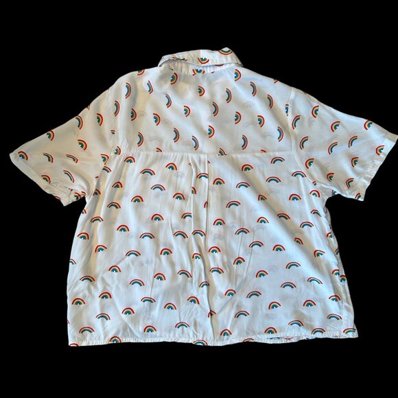 Love Notes Novelty Rainbow Print Semi Cropped Button Up Shirt S - Picture 5 of 5